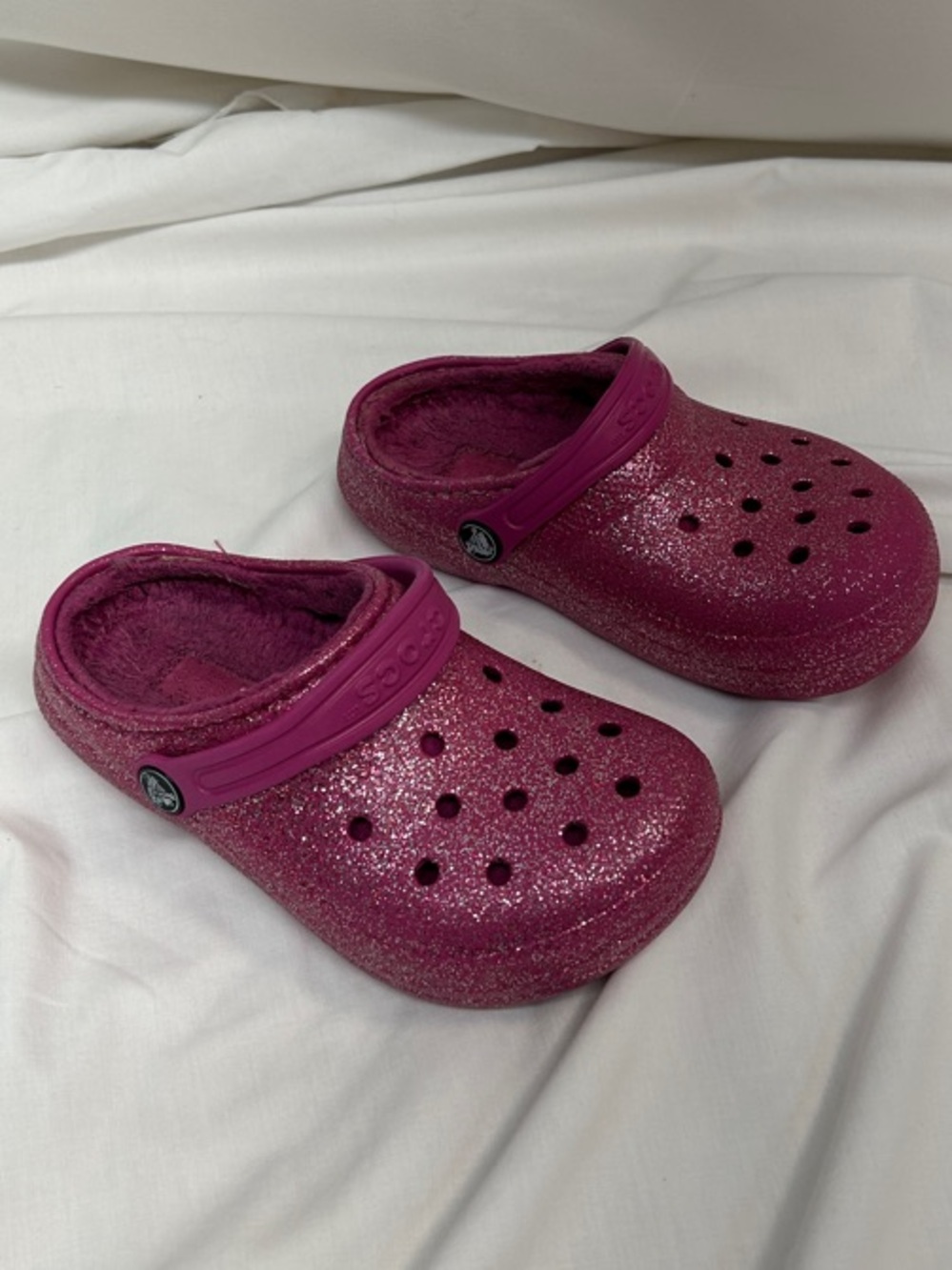 CROCS Girls Pink Magenta Glitter Faux Fur Lined Classic Clog Size 12